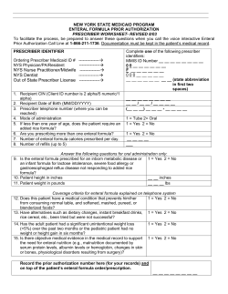 NYS Medicaid Program Enteral Formula Prior Authorization Prescriber Worksheet