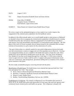 April 2013 &ndash; Status Report on Criminal Justice/Health Home Project to Deputy Secretaries from Greg Allen, NYSDOH, Jacquelyn Green, NYSDCJS, Paul Samuels, Legal Action Center