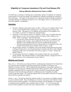 January 22, 2013 &ndash; Eligibility for Temporary Assistance (TA) and Food Stamps (FS) (Among Offenders Released from Prison in 2003)