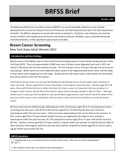 Breast Cancer Screening. NYS Adult Women, 2012. BRFSS Brief. Number 1403