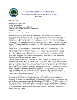 Office of Special Education and Rehabilitative Services (OSEP) Part C Annual Determination 2014 Letter to Acting Commissioner Zucker from the U.S Department of Education