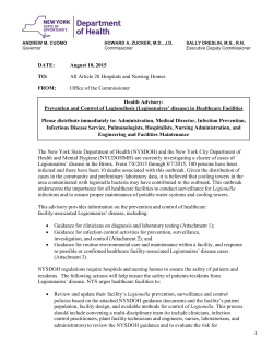 Health Advisory: Prevention and Control of Legionellosis (Legionnaires' Disease) in Healthcare Facilities, 2015