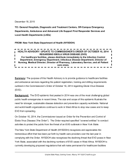 Health Advisory providing guidance regarding training, drilling, and patient registration requirements set forth in the Commissioner's Order for Ebola Virus Disease of October 16, 2014
