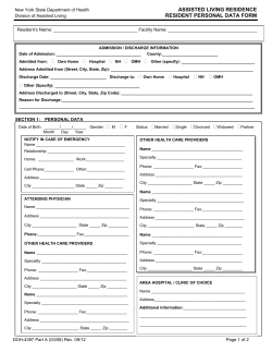 Assisted Living Residence Resident Personal Data Form (DOH-4397 Part A)
