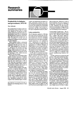 Productivity in Industry and Government, 1973&ndash;92. August 1994.