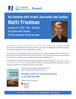 An Evening with Israeli Journalist Author Matti Friedman (JCC event, co-sponsored by CJS; Jan. 26, 2016)
