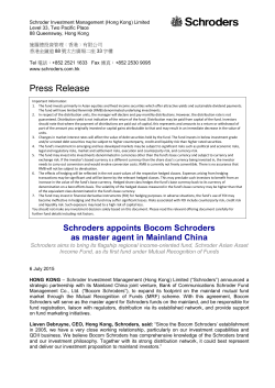 Schroders appoints Bocom Schroders as master agent in Mainline China
