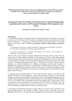 Preparing for the First Meeting of States Parties: National Implementing Legislation and Security and Oversight of Pathogenic Microorganisms and Toxin
