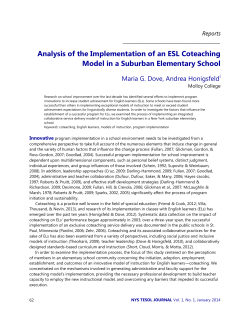 January 2014: Analysis of the Implementation of an ESL Coteaching Model in a Suburban Elementary School by Maria G. Dove, Andrea Honigsfeld