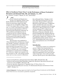 Effect of Seedborne Potato Virus Y on the Performance of Russet Norkotah at Hermiston and Klamath Falls, OR, and Tulelake, CA, 1997