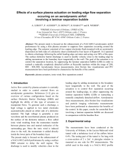 Effects of a surface plasma actuation on leading edge flow separation occuring on an aerodynamic airfoil