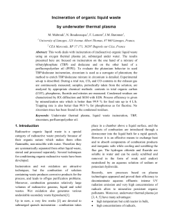 Incineration of organic liquid waste by underwater thermal plasma