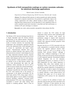Synthesis of ZnO nanoparticle coatings on carbon nanotube cathodes for electrical discharge applications