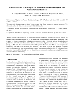 ADHESION OF U-937 MONOCYTES ON AMINE-FUNCTIONALISED PARYLENE AND PLASMA POLYMER SURFACES