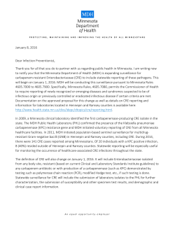 Commissioner s letter to Minnesota infection preventionists regarding CRE surveillance, January 8, 2016 (PDF)