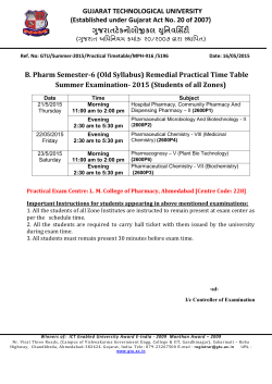 B. Pharm Semester-6 (Old Syllabus) Remedial Practical Time Table Summer Examination- 2015 (Students of all Zones)