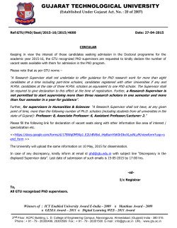 Declaration of Vacant Seats available with GTU recognized PhD Supervisor for PhD Admission 2015-16
