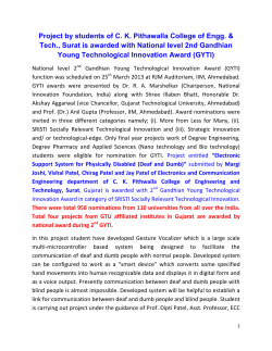 Project by students of C. K. Pithawalla College of Engg. & Tech., Surat is awarded with National level 2nd Gandhian Young Technological Innovation Award (GYTI)