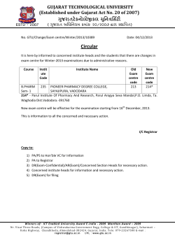 Change in exam centre will be effective for the examination starting from 16 th December, 2013 (B.Pharm Sem -1 )