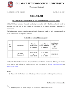 ONLINE MARKS ENTRY FOR M. PHARM SEMESTER 4 (Summer - 2015)