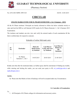 ONLINE MARKS ENTRY FOR M. PHARM SEMESTER 1, 2 & 3 (Summer - 2015)