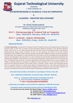 Inviting faculty members students to register for the seminar on Entrepreneurship, Technical Talk on Composites Academia-Industry Relationship; 28th 29th May,2015 by Dr. Ranji Vaidyanathan, Oklahoma State University, USA