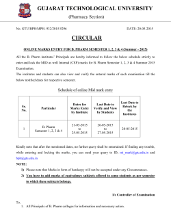 ONLINE MID/INTERNAL MARKS ENTRY FOR B. PHARM SEMESTER 1, 2, 3 & 4 (Summer - 2015)
