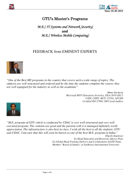 Opinion of Experts about GTU's practice-oriented ME (IT Systems & Network Security) and ME (Wireless Mobile Computing) programs and Report of the visit of the students to Pune and Bangalore on an educational tour