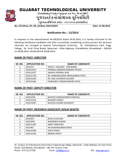 List of candidates short listed for personal interview for the post of Director, Deputy Director,Research Associate(Solid Waste),Research Associate(Affordable Housing),Research Asst.(School/CGBS),Research Assistant(Entrepreneurship) Advt.No.09/2014 dated 29.05.2014.
