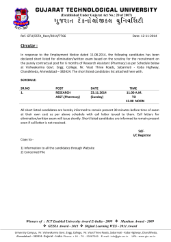 Circular for Elimination/Written Test for the post of Research Assistant (Pharmacy) on 23.11.2014.