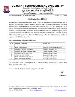 List of selected candidates for the post of Assistant Professor(IPR/Patents), Research Assistant(IPR), Computer Programmer, Network Administrator & Database Administrator (for 6 months contract vide Emp.Notice dt:11.08.2014)