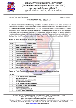 Notification No. 18/2015- List of shortlisted candidates for the post of (i) Research Assistant (Pharmacy) and (ii) Assistant Professor (Electronics & Communication).