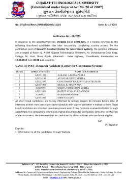 Notification No. 66/2015: List of short listed candidates for the post of Research Assistant (Centre for Governance System)