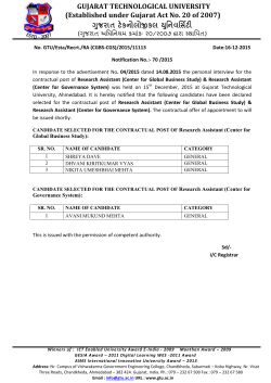 Notification No. 70/2015: List of candidates selected for the contractual post of Research Assistant (CGBS & CGS)