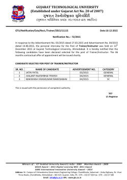 Notification No. 72/2015: List of candidates selected for the contractual post of Trainer/ Instructor