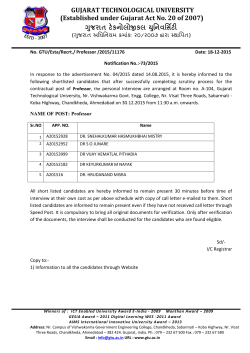 Notification No. 73/2015 : List of short listed candidate for the contractual post of Professor