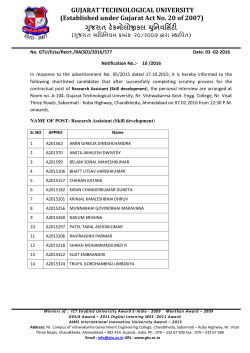 Notification No. 10/2016: List of short listed candidates for the contractual post of Research Assistant(Skill Development)