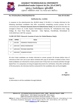 Notification No. 11/2016: List of short listed candidates for the contractual post of Research Associates(Centre for Global Business Study)
