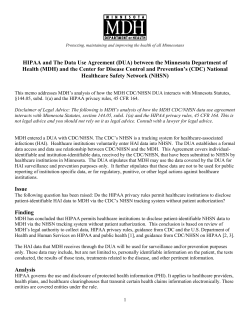 HIPAA and The Data Use Agreement between the Minnesota Department of Health and the Center for Disease Control and Prevention&rsquo;s National Healthcare Safety Network (PDF: 217KB/3 pages)