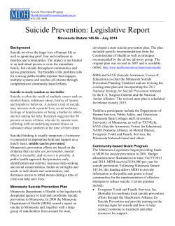 Suicide Prevention: Legislative Report 2014 (PDF: 114KB/2 pages)