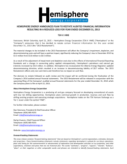 HEMISPHERE ENERGY ANNOUNCES PLAN TO RESTATE