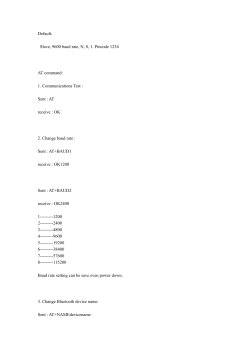 Default: Slave, 9600 baud rate, N, 8, 1. Pincode 1234 AT command