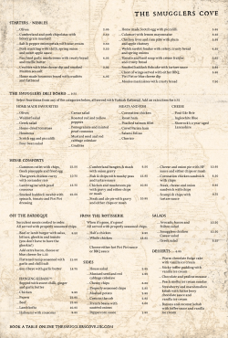 The Smugglers Cove food menu