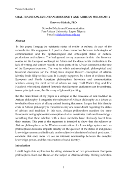 ORAL TRADITION, EUROPEAN MODERNITY AND AFRICAN