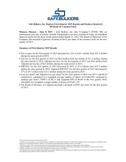 Safe Bulkers, Inc. Reports First Quarter 2015 Results and Declares