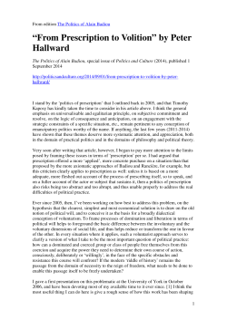 “From Prescription to Volition” by Peter Hallward
