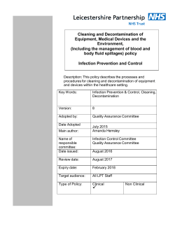 Cleaning and Decontamination of Equipment, Medical Devices and