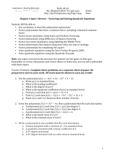 Chapter 3 Quiz 1 Review &ndash; Factoring and Solving Quadratic Equations