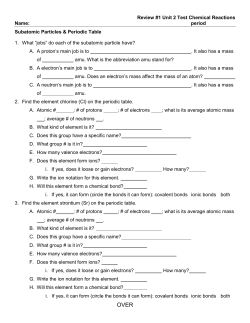 Review #1 Unit 2 Test Chemical Reactions Name: period Subatomic