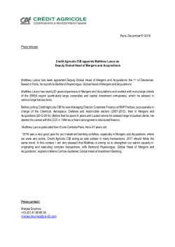 Press release Cr&eacute;dit Agricole CIB appoints Matthieu Lance as